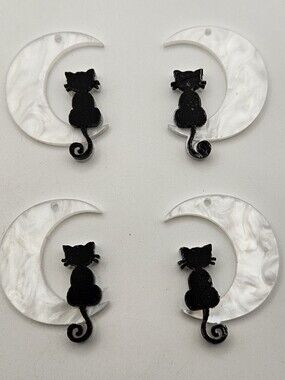 4x Black Cat Sitting on Crescent Moon Charms White Pearlescent Acrylic
